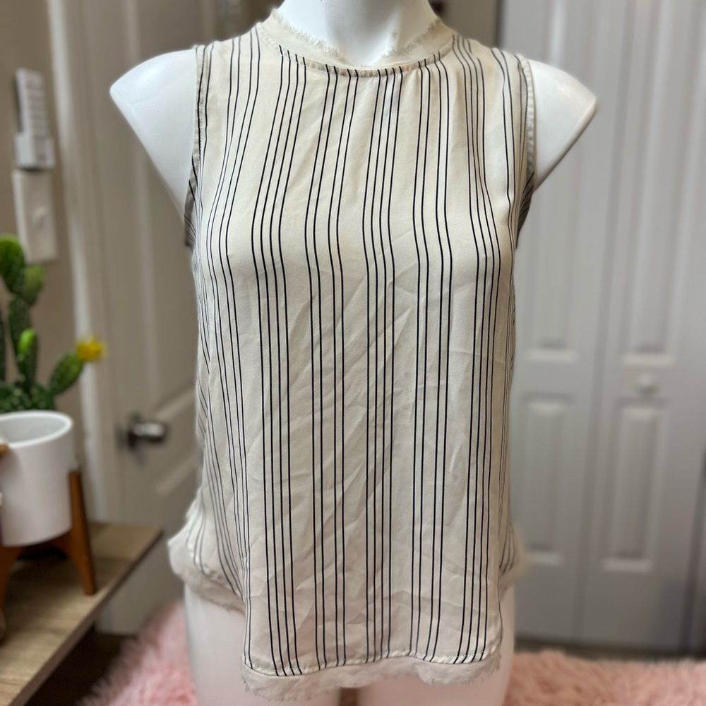 Who What Wear Striped Frayed Mock Neck Sleeveless Blouse Cream Black Womens XS